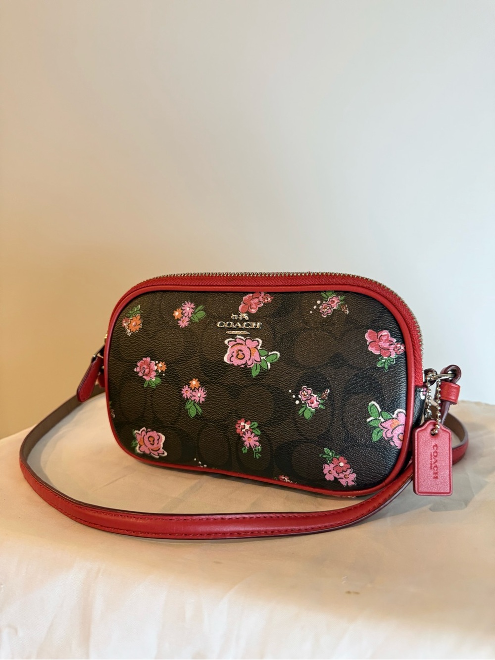 Coach Double-Zip Crossbody Pouch Bag- Floral/Red